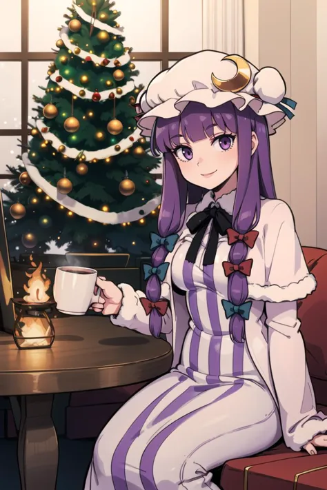 ((Christmas theme, Christmas, Christmas tree ):1.1),
patchouli knowledge, 1girl, dress, (purple hair, purple eyes:1), long hair,...