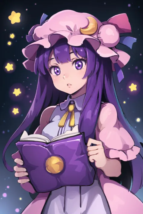 sosteniendo un libro morado, brillante, símbolo de estrella, espacio, estrellas, planetas, cosmos, nebulosa,
1 chica,cabello purpura,ojos de color púrpura,pelo largo, gorra de mafia,adorno de sombrero de media luna, cinta,vestido, 