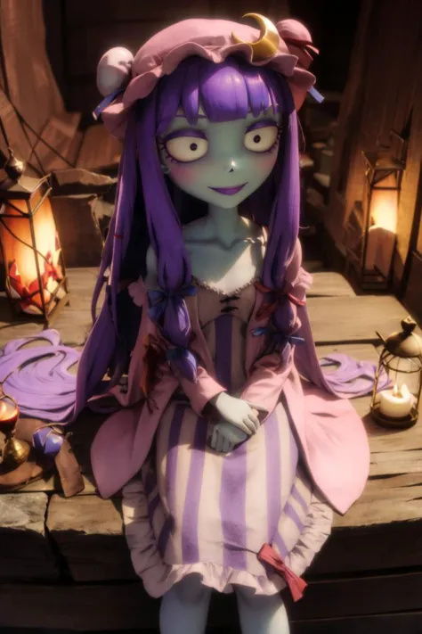 by TimBurton Animation <lora:TimBurton_Animation_offset:1.2>, dark, makeup, portrait,
patchouli knowledge, 1girl, dress, (purple hair, purple eyes:1), long hair, mob cap, crescent hat ornament, ribbon, dress, <lora:patchouli:0.9>, smile,