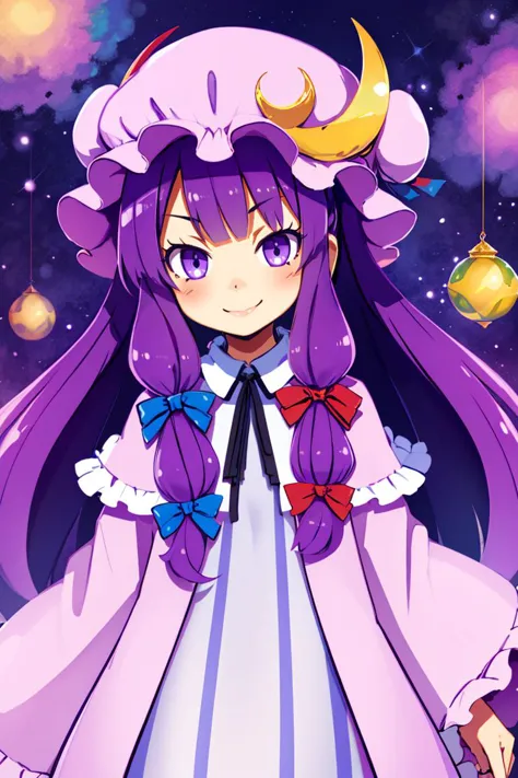 ((best quality)),
1girl, (purple hair, purple eyes:1), long hair, mob cap,crescent hat ornament, ribbon,dress, <lora:patchouli:1...