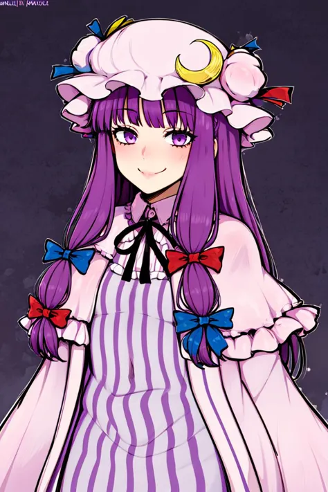 <lora:afrobull_style:0.8>,
patchouli knowledge, 1girl, dress, (purple hair, purple eyes:1), long hair, mob cap, crescent hat ornament, ribbon, dress, <lora:patchouli:0.9>, smile,