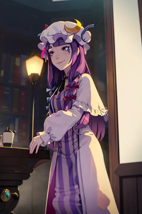 aaravos <lora:dragon_prince_aaravos_offset:1.2>,
patchouli knowledge, 1girl, dress, (purple hair, purple eyes:1), long hair, mob cap, crescent hat ornament, ribbon, dress, <lora:patchouli:0.9>, smile,