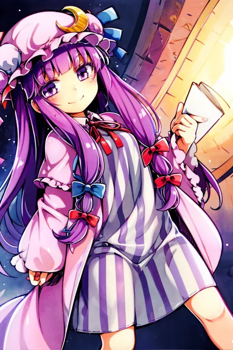 anime girl with purple hair and a pink hat holding a glass