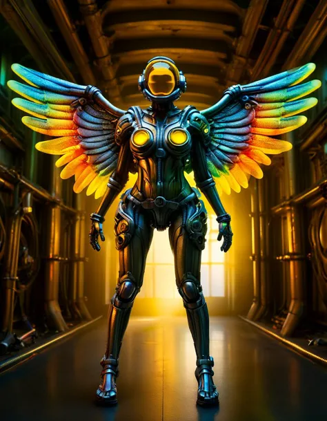 a woman in a space suit with wings standing in a hallway