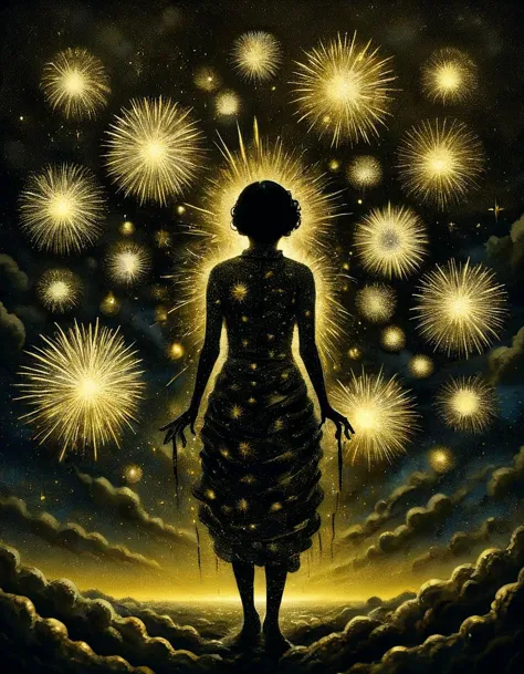 a painting of a woman standing in front of a sky full of fireworks