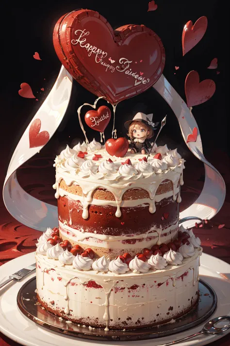 ((best quality, masterpiece, absurbres, super-resolution))  Self made Red Velvet cake, Lovable date, (Red Hearts:1.3)