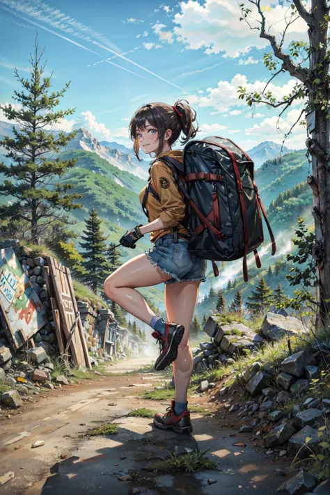 ((best quality, masterpiece, absurbres, super-resolution)),girl, hiking, high altitudes, fast movements, tree trunks, nature
