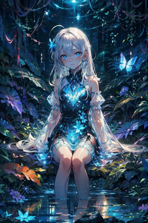 ((best quality, masterpiece, absurbres, super-resolution)), moody lighting, abstract anime illustration, 1girl, blue bioluminescent dress, glowing butterflies, night, beautiful forest, (fantasy:1.2), moonlit, blue theme, (absurdly long hair:1.2), ahoge, white hair, pale skin, beautiful blue eyes, flat chest, looking at viewer, expressionless, hair between eyes,  eerie, dark, rock, sitting
