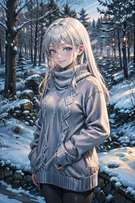 ((best quality, masterpiece, absurbres, super-resolution)) Ethereal Winter, Cool Tones, Frosty Lighting, Snowy Forest, Cozy Swea...