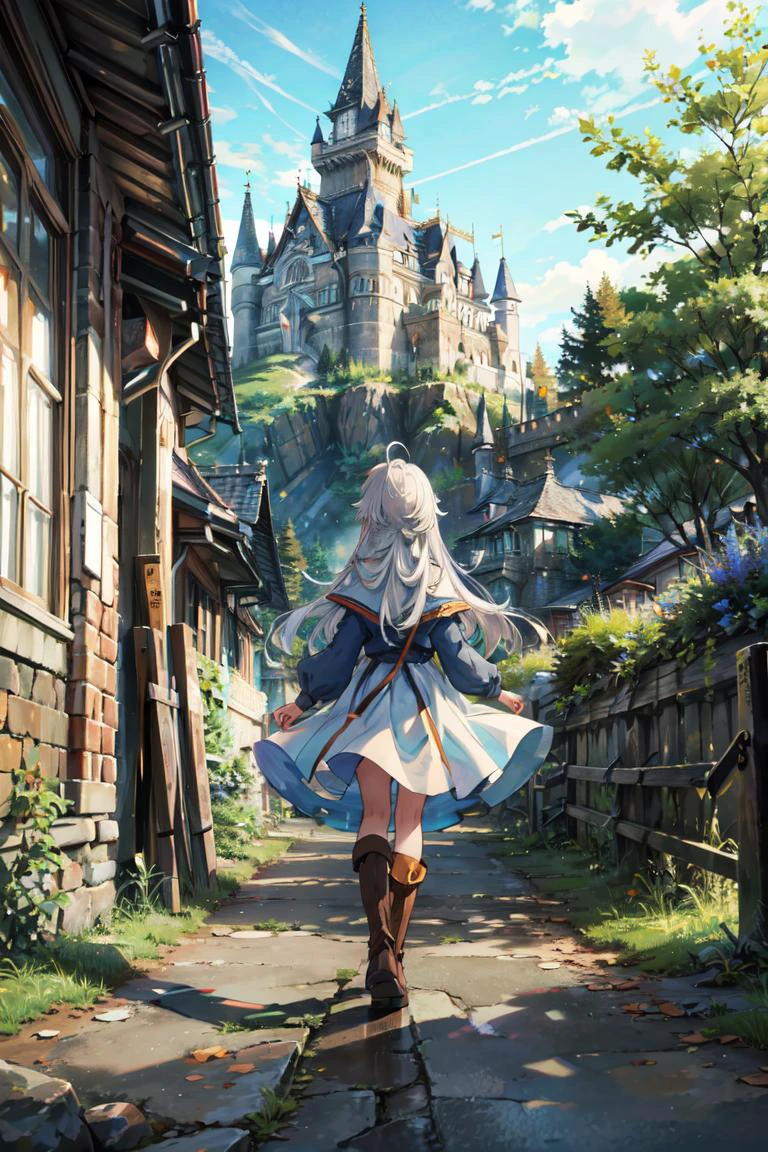 ((best quality, masterpiece, absurbres, super-resolution)), medieval castle, scenery, trees, road, pastures, fantasy, fence, from back, 1girl, solo, (absurdly long hair:1.4), ahoge, white hair, ahoge, blue dress, kneehigh boots, walking
