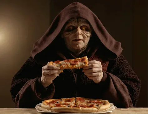 high resolution raw dslr full body shot photo of sidi0us eating a pizza,wearing dark robe with hoodie,illuminated from behind,realistic skin texture,pores,cinematic,depth of field,masterpiece,volumetric lighting,cinematic,surreal dramatic shadow,rim lighting