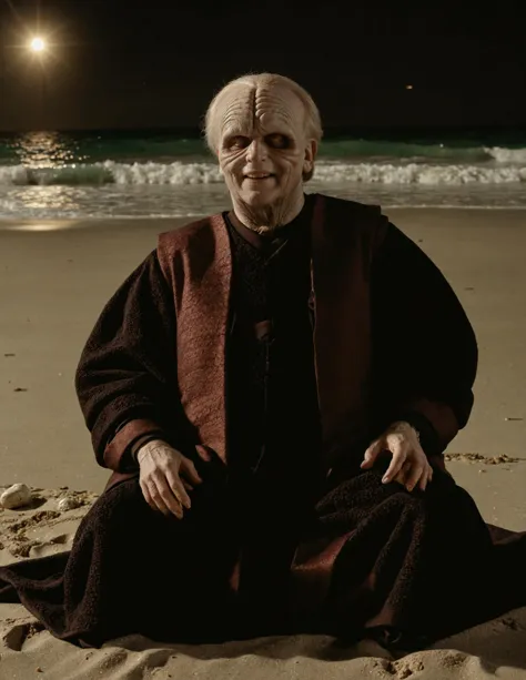 high resolution raw dslr full body shot photo of sidi0us sitting on a beach,smile,illuminated from behind,realistic skin texture,dark robe without hoodie,pores,sweaty skin,skin imperfection,cinematic,depth of field,masterpiece,volumetric lighting,cinematic,surreal dramatic shadow,rim lighting