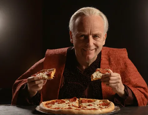 arafed man eating a slice of pizza with a fork and knife