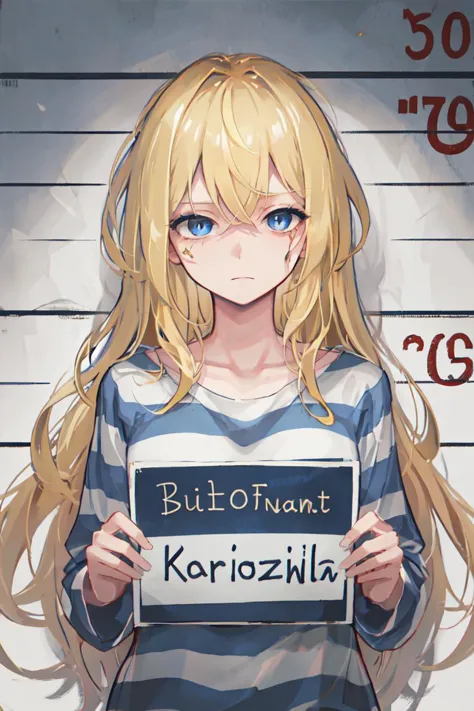 masterpiece, best quality, illustration, mugshot, height chart, 1girl, upper body, holding sign, looking at viewer, messy long b...