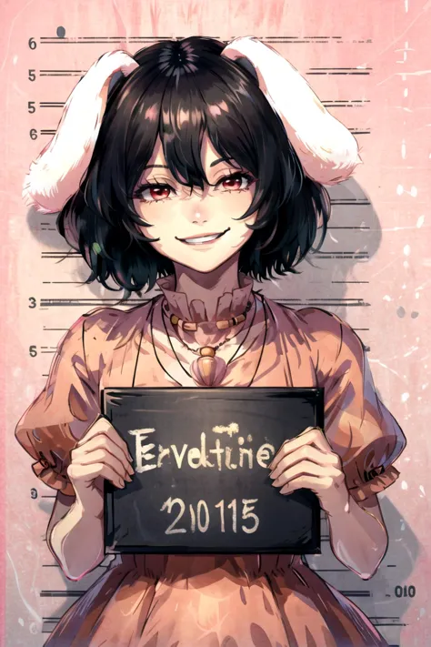 highres,  <lora:2hu-TewiV4:1>, inaba tewi,  short hair, carrot necklace, short sleeves, pink dress, evil smile, <lora:mugshot:0.6>, holding sign, height chart,