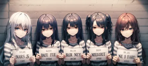 mugshot, height chart, (4girls:1.2), upper body, holding sign, looking at viewer, prison clothes, striped shirt ,expressionless,sad