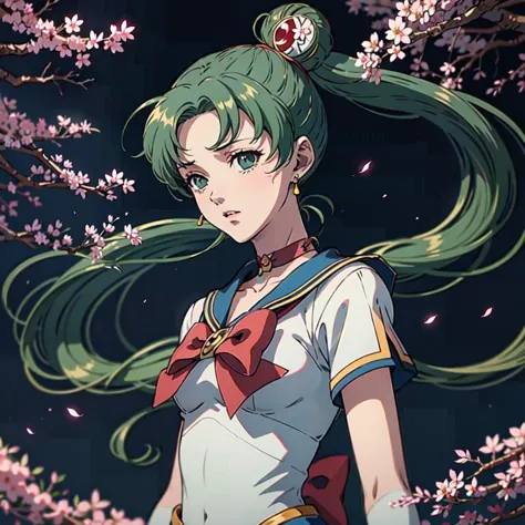 (((anime style))),
<lora:sailor_moon_v1:0.7><lora:lyn-nvwls-v1:0.8> green hair, double bun, twintails, parted bangs, circlet, jewelry, earrings, choker, red bow, white gloves, elbow gloves, blue skirt
blue city, night, blue light, green flora, leafs in front, sakura trees, anime artwork Masterpiece, high quality, score_9, score_8_up, score_7_up, (ultra realistic, 32k, masterpiece:1.2), (high detailed skin:1.1), (high quality:1.1),
((OverallDetail)) Hand, Perfect hand, Detailed hand,<lora:Hand v3 SD1.5:1>