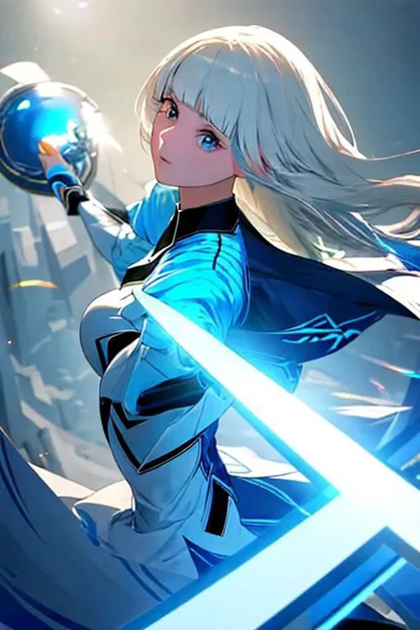 a woman in a blue outfit holding a sword and a ball