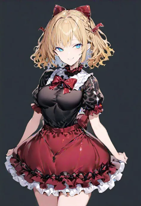 masterpiece, best quality, ultra-detailed, beautiful, nai3, 1girl, solo, full_body, tachi-e, 
medicine_melancholy, 1girl, smile, blonde hair, short hair, ribbon, blue eyes, black shirt, red skirt, bow, wavy_hair, puffy_short_sleeves, puffy_sleeves, short_sleeves, frills, frilled_shirt_collar, frilled_sleeves, frilled_shirt, red_bow, red_ribbon, bubble_skirt,