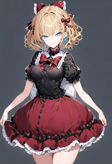 masterpiece, best quality, ultra-detailed, beautiful, nai3, 1girl, solo, full_body, tachi-e, 
medicine_melancholy, 1girl, smile, blonde hair, short hair, ribbon, blue eyes, black shirt, red skirt, bow, wavy_hair, puffy_short_sleeves, puffy_sleeves, short_sleeves, frills, frilled_shirt_collar, frilled_sleeves, frilled_shirt, red_bow, red_ribbon, bubble_skirt,