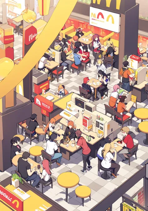 a group of people inside a mcdonald's restaurant, <lora:wisosdxl:0.8>, wisosdxl, best quality, masterpiece, isometric scene,