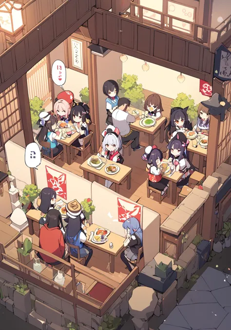 a group of people inside a japanese restaurant, <lora:wisosdxl:0.8>, wisosdxl, best quality, masterpiece, isometric scene, anime...