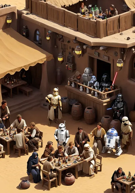 a group of people at a tavern on tatooine, <lora:wisosdxl:0.8>, wisosdxl, best quality, masterpiece, isometric scene, ghetto, sc...