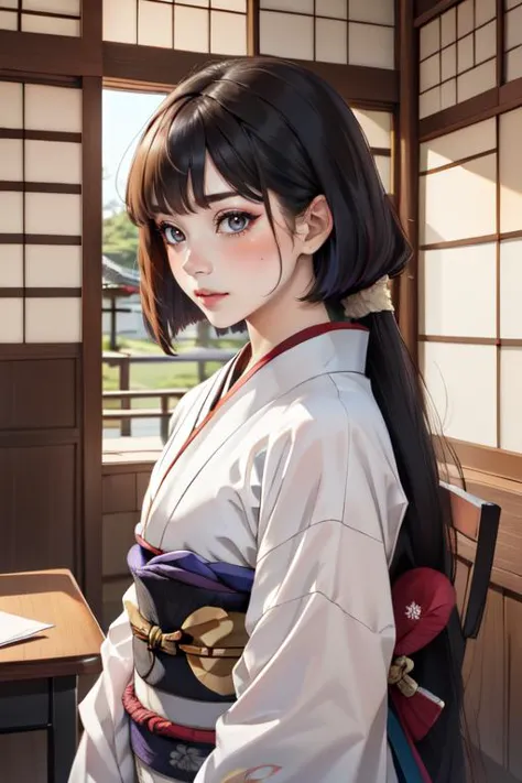 masterpiece, best quality, 1girl,    <lora:longtail_bob-1.0:0.8> longtail bob, japanese clothes,  sash, bright pupils, edo period timeline, 16th century, (((ultra detailed skin)))