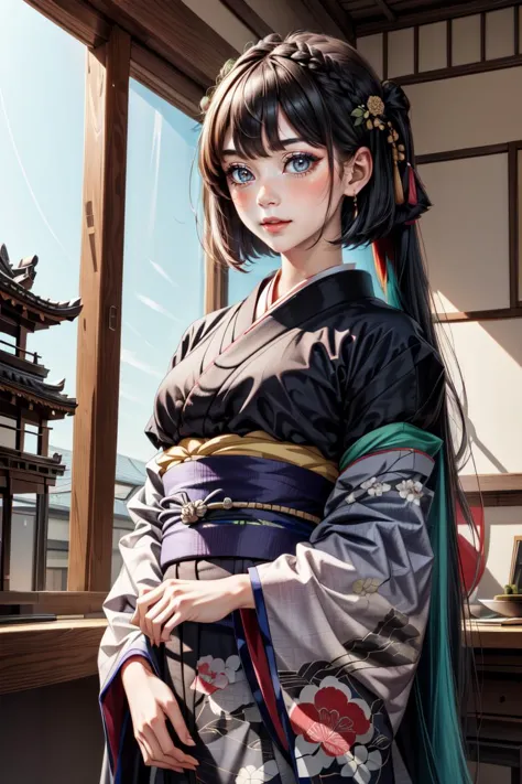 a woman in a kimono outfit standing in front of a window