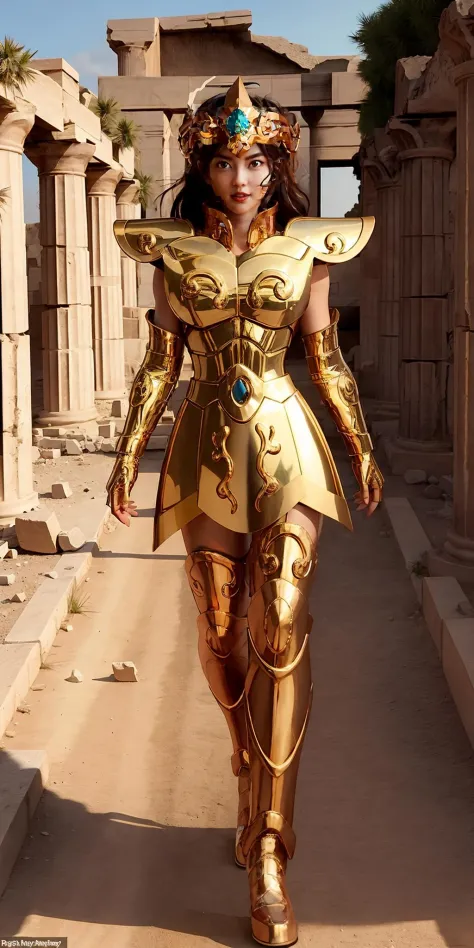 masterpiece,best quality,full body,1girl wearing Armor,((qiaoxin)),leoarmor,golden armor,helmet,looking at viewer,in a desert,<lora:LeoArmor:0.7>,black hair,hair hair pulled back,no bangs,forehead,serious,parted lips,greek temple ruins in the desert,(wide ...
