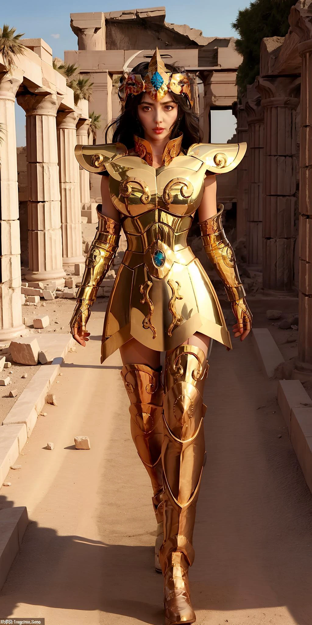 masterpiece,best quality,full body,1girl wearing Armor,(tongly),leoarmor,golden armor,helmet,looking at viewer,in a desert,black hair,hair hair pulled back,no bangs,forehead,serious,parted lips,greek temple ruins in the desert,(wide shot),upper upper teeth,