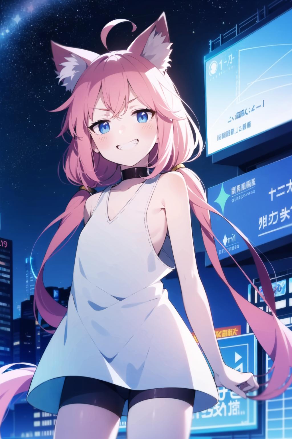 Anime girl in a city with a sword in her hand - SeaArt AI