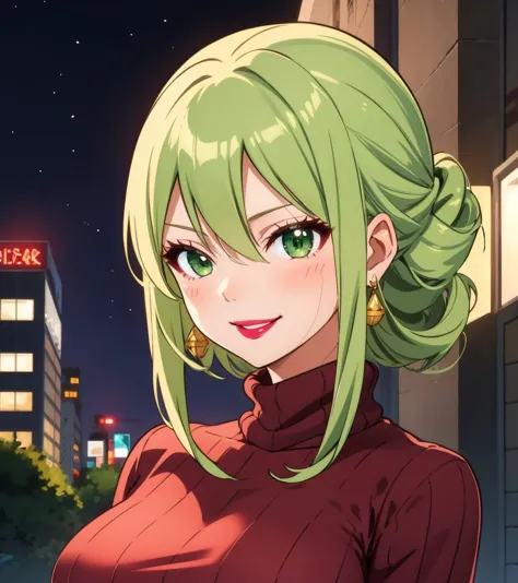 anime girl with green hair and green eyes standing in front of a building