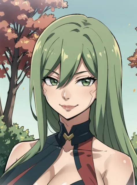 <lora:EdensZero_Witch:0.7>,witchregret, green hair, green eyes, black dress, smile,smile,(portrait:0.3) red dress,cleavage, eblo...