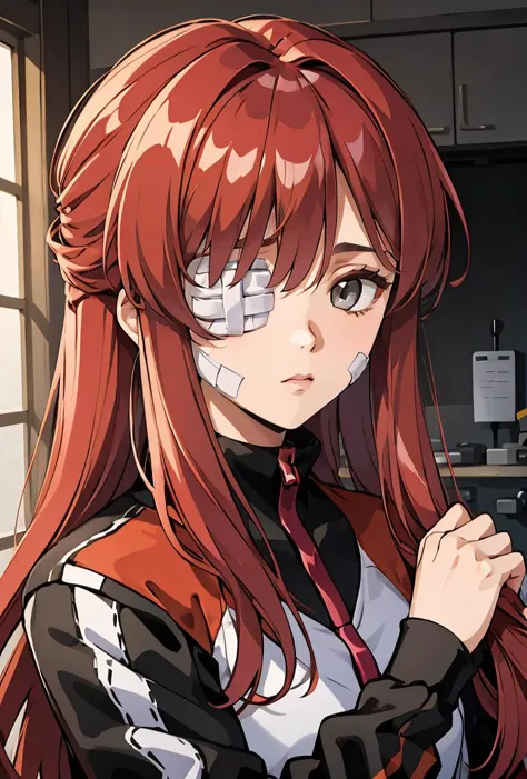 (masterpiece, best quality), 1girl,   <lora:Yuri:0.8> YuriAi,, long hair, grey eyes, red hair, bangs, expressionless, closed mouth, one eye covered, eyepatch, bandages, bandaid, bandaid on face, medical eyepatch, bandage on face, bandage over one eye, long sleeves, jacket, black jacket, red jacket, track jacket