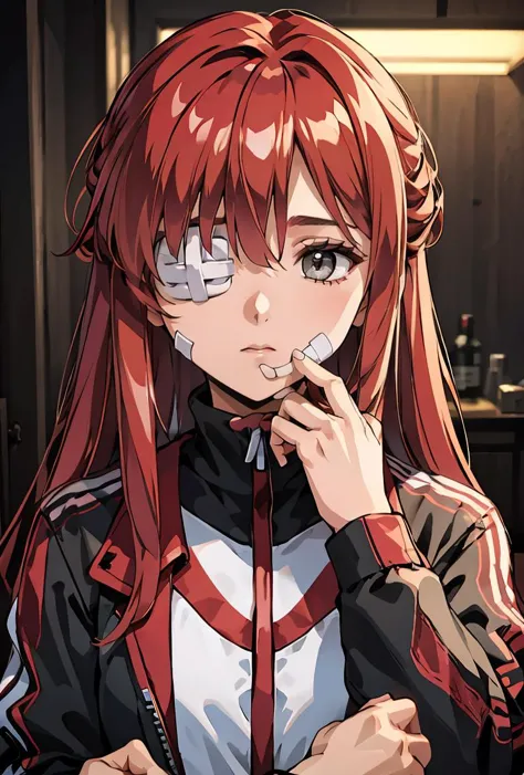 anime girl with red hair and black jacket smoking a cigarette