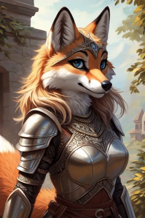 (fox:1.2), (fluffy:1.2), (anthro:1.2), (furry:1.2), female, (armor:1.2), (medieval armor:1.2), (tail:1.2), (detailed eyes:1.3), ...