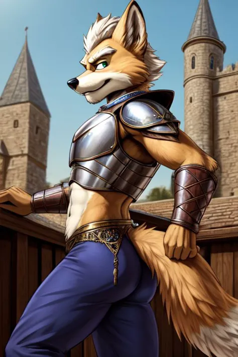 Fox McCloud, furry, solo, male, side view, tight regal pants, butt, cropped breastplate, navel, cute butt, playful, sexy, outdoo...