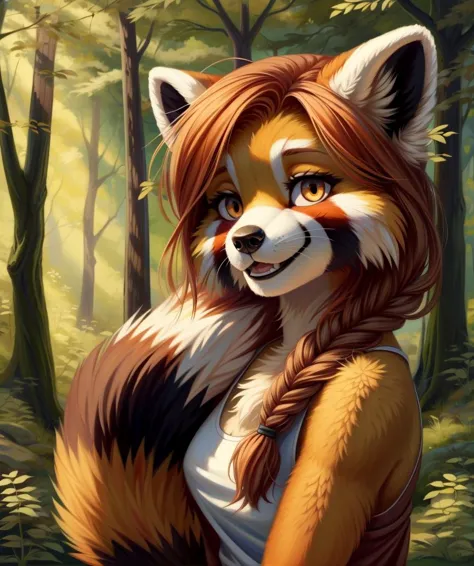 (masterpiece, best quality:1.4), 1 girl, (Red panda/fox:1.1), red-orange hair, orange-yellow eyes, Braid, light smile, forest