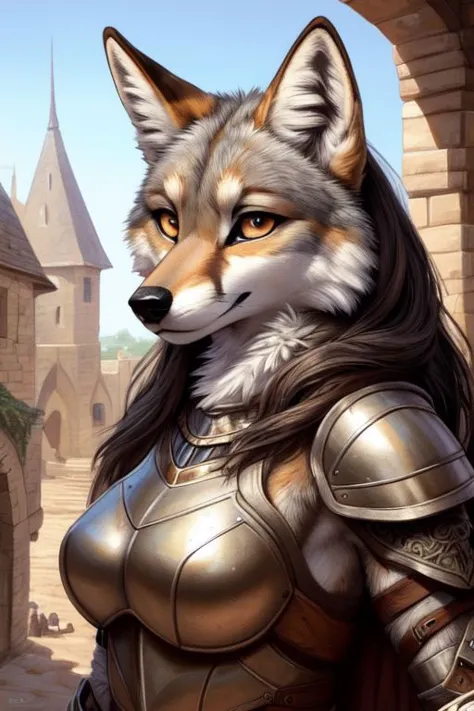 a woman in armor with a wolf head and a castle in the background