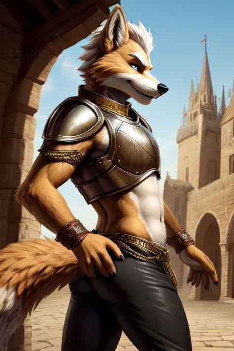 Fox McCloud, semi-realista, peludo, solo, male, Vista lateral, pantalones reales ajustados, culata, peto recortado, ombligo, cute culata, juguetón, sexy, Al aire libre, medieval Europe, Bailarina del vientre