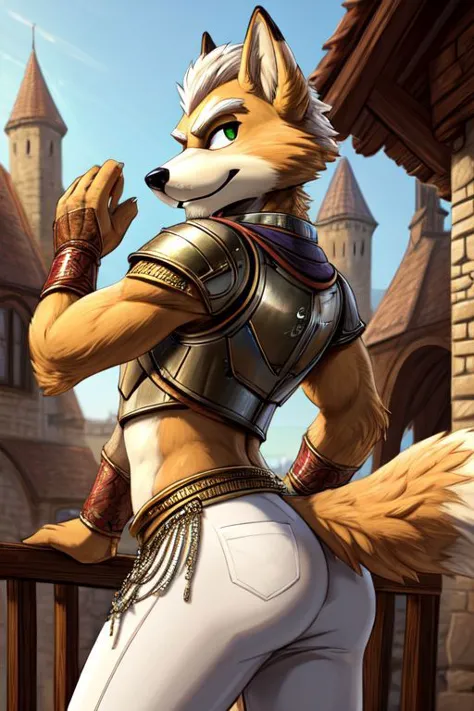 Fox McCloud, furry, solo, male, side view, tight regal pants, butt, cropped breastplate, navel, cute butt, playful, sexy, outdoo...