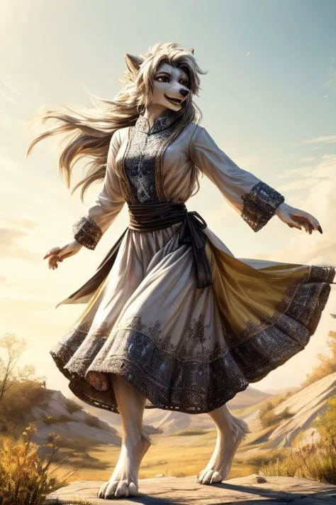 a woman in a dress and a cat mask is dancing