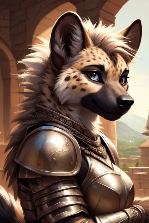 (hyena:1.2), (fluffy:1.2), (anthro:1.2), (furry:1.2), female, (armor:1.2), (medieval armor:1.2), (tail:1.2), (detailed eyes:1.3)...