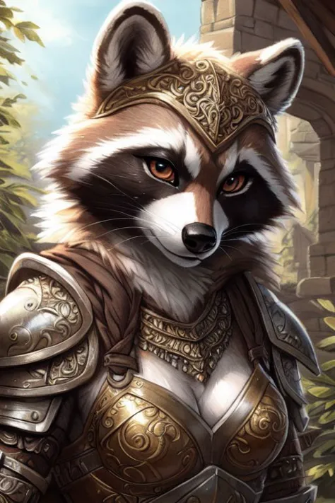 (racoon:1.4), (fluffy:1.2), (anthro:1.2), (furry:1.2), female, (armor:1.2), (medieval armor:1.2), (tail:1.2), (detailed eyes:1.3...