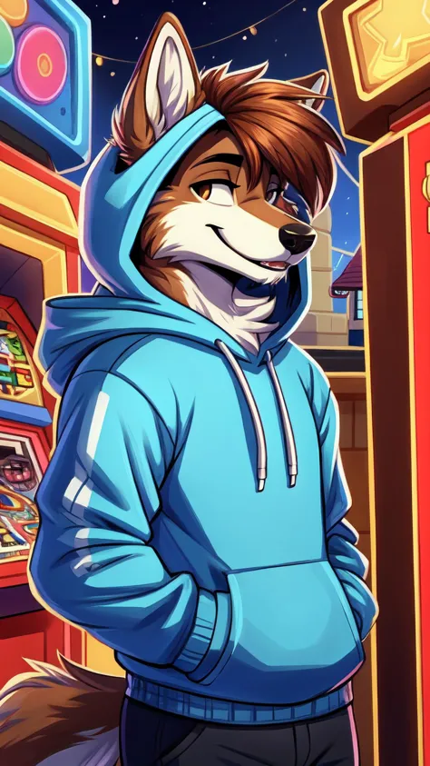 Retro arcade style anthropomorphic, wolf, fur, furry, male, detailed tail, detailed fur, detailed face, perfect face, perfectly ...