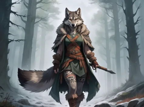 a woman in a forest with a wolf on her back