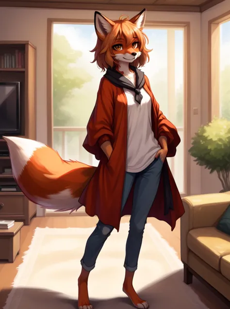 a female fox furry, medium bobcut hair, messy hair, indoor, living room, full body, anime style <lora:FurryShadowDetailer:0.5> <lora:anime:0.5>