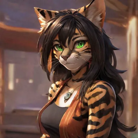 An anthropomorphic furry bengal cat. They have long black hair, with dark brown highlights, in a feathered style, green eyes, an...