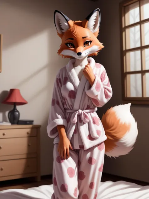 un renard fourré femelle solo, intérieur, en pyjama, tout le corps, Style animé